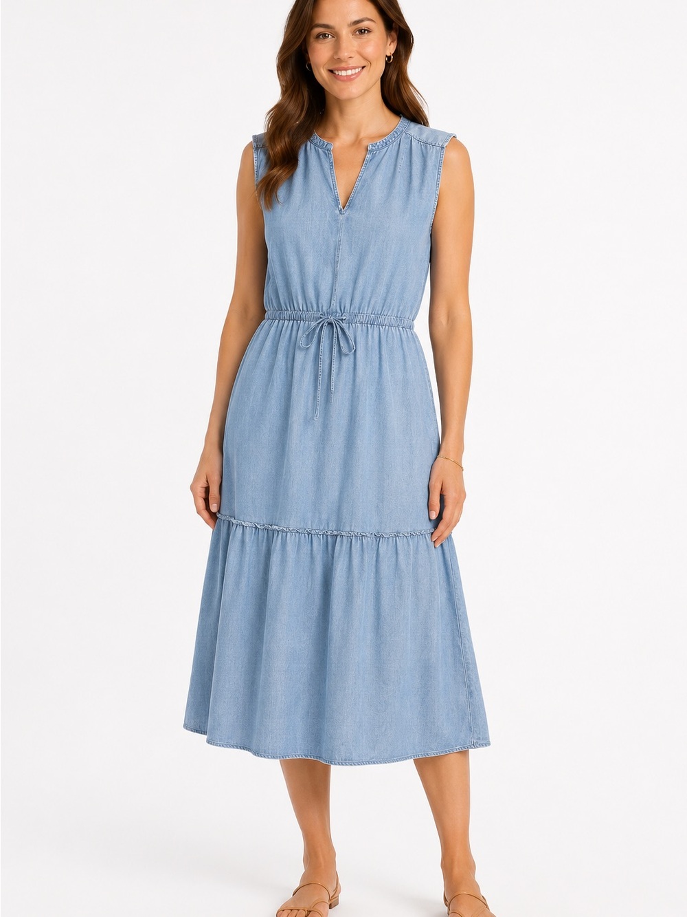 Sleeveless  Blue Chambray Midi Dress